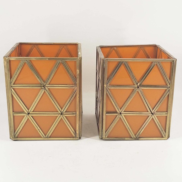 unmarked Other - Pair of orange glass brass geometric pattern square votive candle holders vase